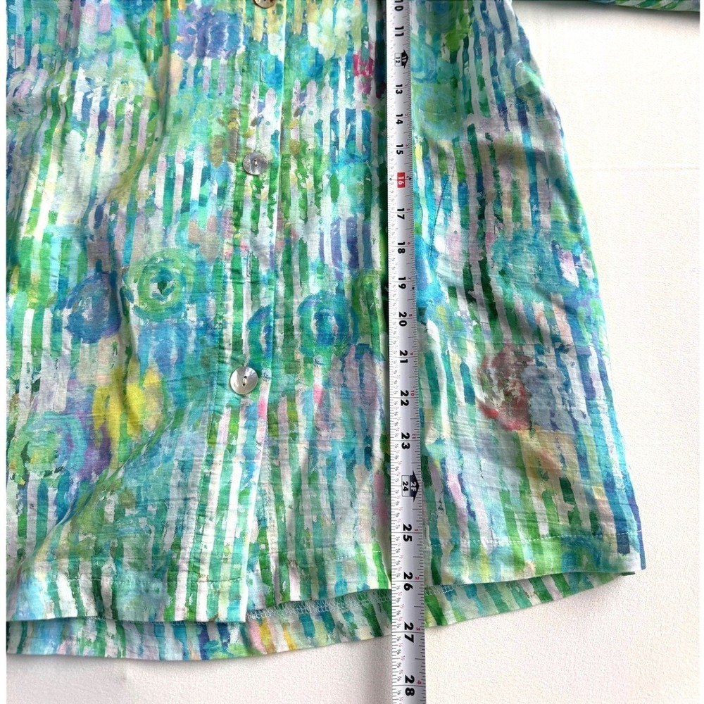 Terra SJ Watercolor Stripe Ruffle Collar Button Up Green Art to wear tunic - Picture 8 of 12